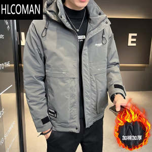 HLCOMAN男士外套新款韩版工装夹棉加厚p暖夹克青少年帅气连帽棉衣
