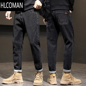 HLCOMAN男士牛仔裤冬季2023新款潮牌宽松直筒加绒加厚休闲男装长裤子