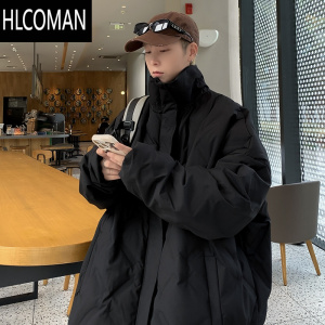 HLCOMAN纯黑色高领棉衣男冬季2023新款加厚菱形格外套美式设计感百搭棉服