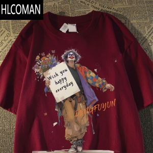 HLCOMAN美式复古小丑印人物印花短袖t恤女男夏季vintage高街ins上衣