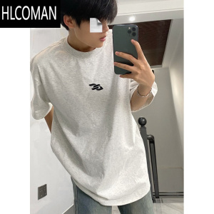 HLCOMAN美式白灰色圆领短袖t恤男夏季2024新款字母印花高街潮牌上衣