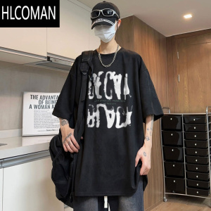 HLCOMAN绒短袖t恤男款夏季美式复古潮牌痞帅性张力穿搭半袖体恤