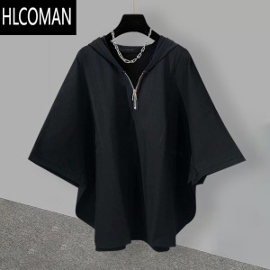 HLCOMAN蝙蝠袖设计短袖t恤男夏季日系潮流百搭帅气拉链连帽半袖潮牌宽松
