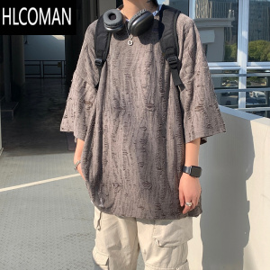 HLCOMAN设计感高级破洞短袖T恤男未来感上衣高街280g7分袖夏