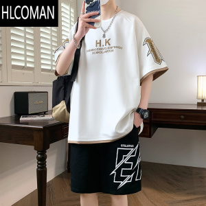 HLCOMAN青少年短袖t恤男孩12-15岁初中学生13潮流帅气衣服14大童夏装套装