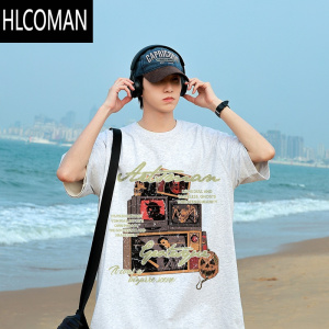 HLCOMAN@ 270g做旧印花短袖男夏季美式街头男生小领口T恤