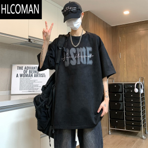 HLCOMAN300g绒短袖t恤男夏季美式高街复古宽松小领口军绿色半袖