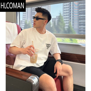 HLCOMAN简约字母短袖T恤男夏季百搭休闲hiphop宽松小领口上衣潮