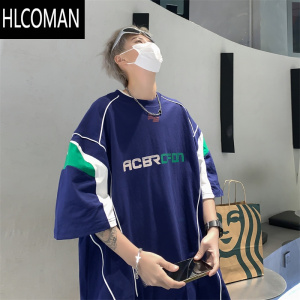 HLCOMAN夏季撞色运动球服T恤男短袖美式复古拼接休闲宽松百搭设计感上衣