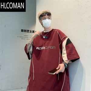 HLCOMAN夏季撞色运动球服T恤男短袖美式复古拼接休闲宽松百搭设计感上衣