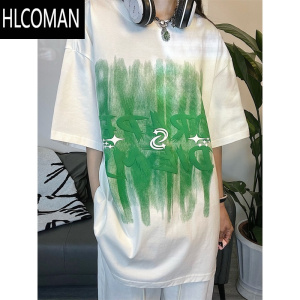 HLCOMAN280克精梳双纱棉夏季短袖男女款宽松潮流橙色发泡印花情侣t恤