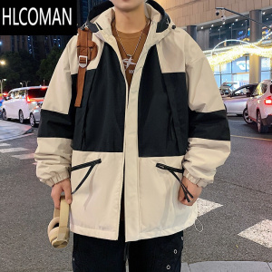 HLCOMAN美式三防冲锋棉服男拼接撞色连帽加绒加厚冬装p暖棉衣外套