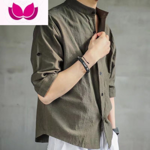 七斓亚麻白色长袖衬衫男秋夏季宽松大码棉麻薄款痞帅七分中袖衬衣外套