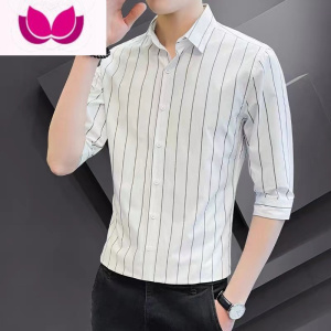 七斓发型师条纹衬衫男韩版修身时尚潮流七分袖衬衣夏季薄款冰丝上衣服