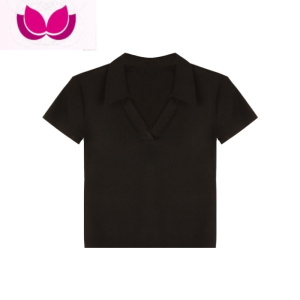 七斓辣妹修身V领短袖针织T恤女夏季设计感短款露脐显瘦黑色打底上衣潮