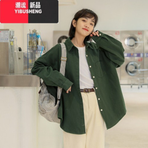 YIBUSHENG韩版宽松休闲复古长袖衬衫女2023新款开衫外套Polo领上衣衬衣