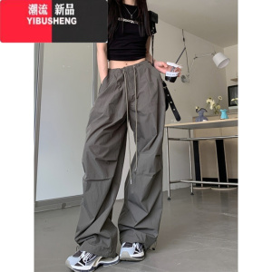 YIBUSHENG美式复古工装休闲裤女韩版2023新款抽绳设计感高腰显瘦长裤子
