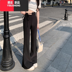 YIBUSHENG系带微喇叭高腰西装休闲裤女季2023新款辣妹设计感显瘦黑色长裤