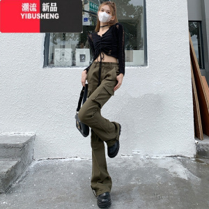 YIBUSHENG军绿色微喇工装牛仔裤女2023年春装新款高腰显瘦弹力修身喇叭裤子