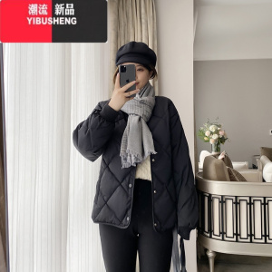 YIBUSHENG2022新款冬季棉服女菱形ins港风短款棉袄宽松学生oversize棉衣潮