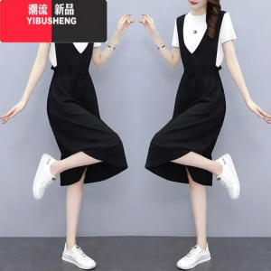YIBUSHENG新款假两件背带裙子2022季新款大码女装撞色拼接中长款连衣裙潮