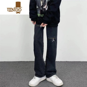 YANXU欧美街头嘻哈拉链设计黑色牛仔裤男夏季ins潮牌宽松直筒休闲长裤