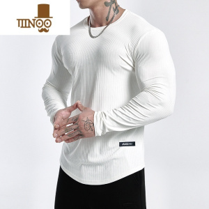 YANXU潮牌健身长袖男条纹纯色运动训练跑步圆领T恤速干弹力打底衫