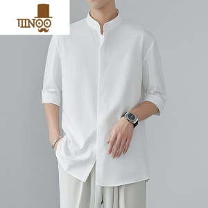 YANXU古着新中式男士短袖衬衫夏季立领衬衣感冰丝垂感中袖衬衫