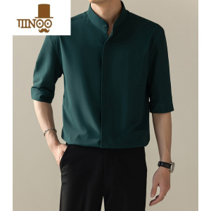 YANXU夏季薄款冰丝短袖衬衫男新中式男装韩版修身休闲免烫垂感立领衬衣