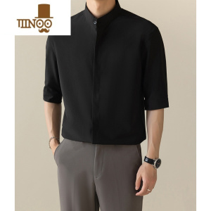 YANXU夏季薄款冰丝短袖衬衫男新中式男装韩版修身休闲免烫垂感立领衬衣