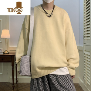 YANXUoversize纯色圆领毛衣男2023年新款日系复古慵懒风保暖针织衫