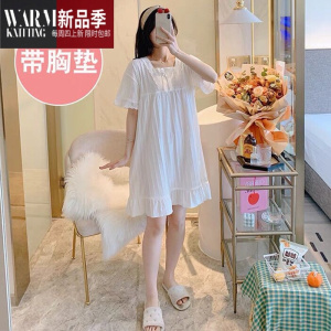 SHANCHAO睡裙女夏季短袖2023年新款带胸垫孕妇性感宫廷风白色睡衣网红