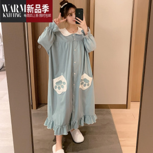 SHANCHAO睡裙女长袖开衫大码睡衣衬衫裙子孕妇胖MM可爱中长款过膝