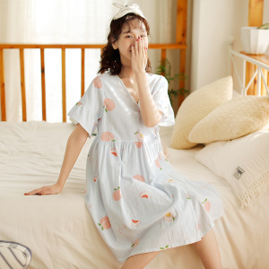 SHANCHAO夏季睡裙女纱布薄款和服睡袍日式中袖睡衣宽松汗蒸服系带浴袍