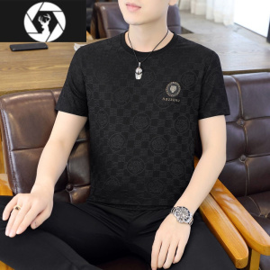HongZun夏季短袖T恤男2023新款欧版个性冰丝上衣潮牌重工提花半袖打底衫