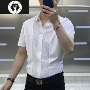HongZun夏季新款男士高级轻奢短袖衬衫时尚商务休闲百搭修身拼接半袖t恤