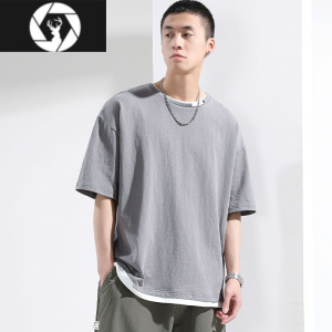HongZun夏季短袖T恤男休闲圆领拼接假两件宽松大码纯色运动男士上衣