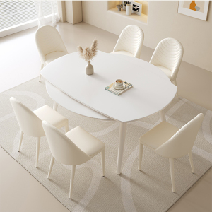 符象奶油风可伸缩折叠方圆两用小户型全方圆两用岩板餐桌椅组合