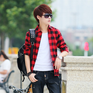 SUNTEK男士秋季黑白格子衬衣外套男长袖很仙的青少年学生韩式衬衫男痞帅衬衫