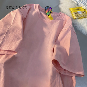 NEW LAKE中长款粉色纯棉韩版卡通印花短袖T恤女夏季宽松盐系学生百搭上衣