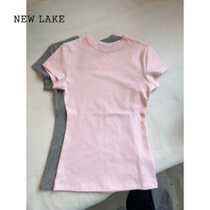 NEW LAKE美式辣妹粉色正肩短袖t恤女夏季设计感小众纯欲紧身收腰短款上衣