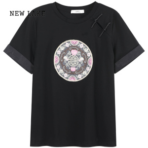 NEW LAKE夏季04新款新中式国风刺绣T恤女设计感盘扣圆领打底衫短袖上衣