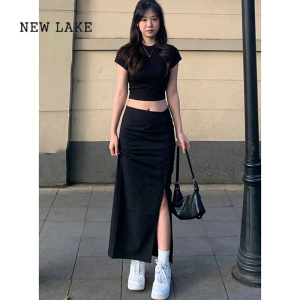NEW LAKE韩版hiphop高街复古黑色短袖t恤女夏季紧身百搭短款显瘦露脐上衣