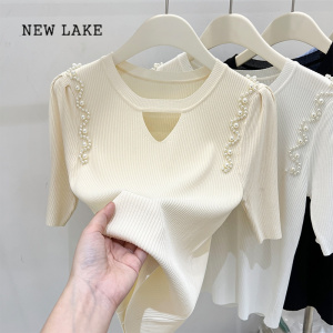 NEW LAKE大码女装小心机短袖T恤女夏季时尚钉珠上衣冰丝法式设计感小衫潮