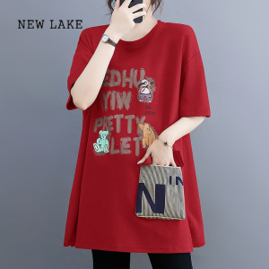 NEW LAKE纯棉短袖T恤女士2024年夏季新款卡通开叉字母大口袋圆领宽松印花