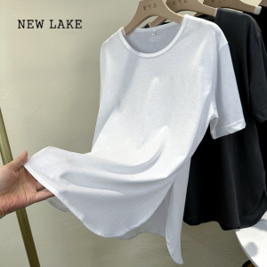 NEW LAKEV领设计感短袖T恤女纯色简约开叉圆摆中长上衣大码宽松显瘦文艺夏