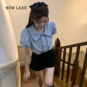 NEW LAKE法式泡泡袖蓝色娃娃领短袖衬衫女设计感小众2024新款夏季盐系上衣