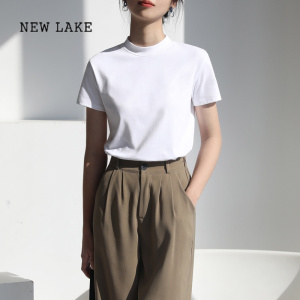 NEW LAKE纯棉短袖T恤女内搭小立领2024年夏季新款打底白色半高领半袖上衣