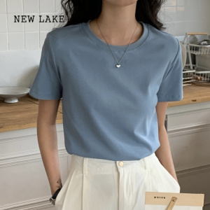 NEW LAKE短袖圆领蓝色T恤女2024夏季新款韩版显瘦内搭纯色短款小个子上衣