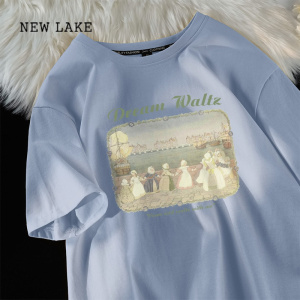 NEW LAKE美式复古纯棉短袖t恤女正肩小众设计感上衣2024新款宽松半袖夏季